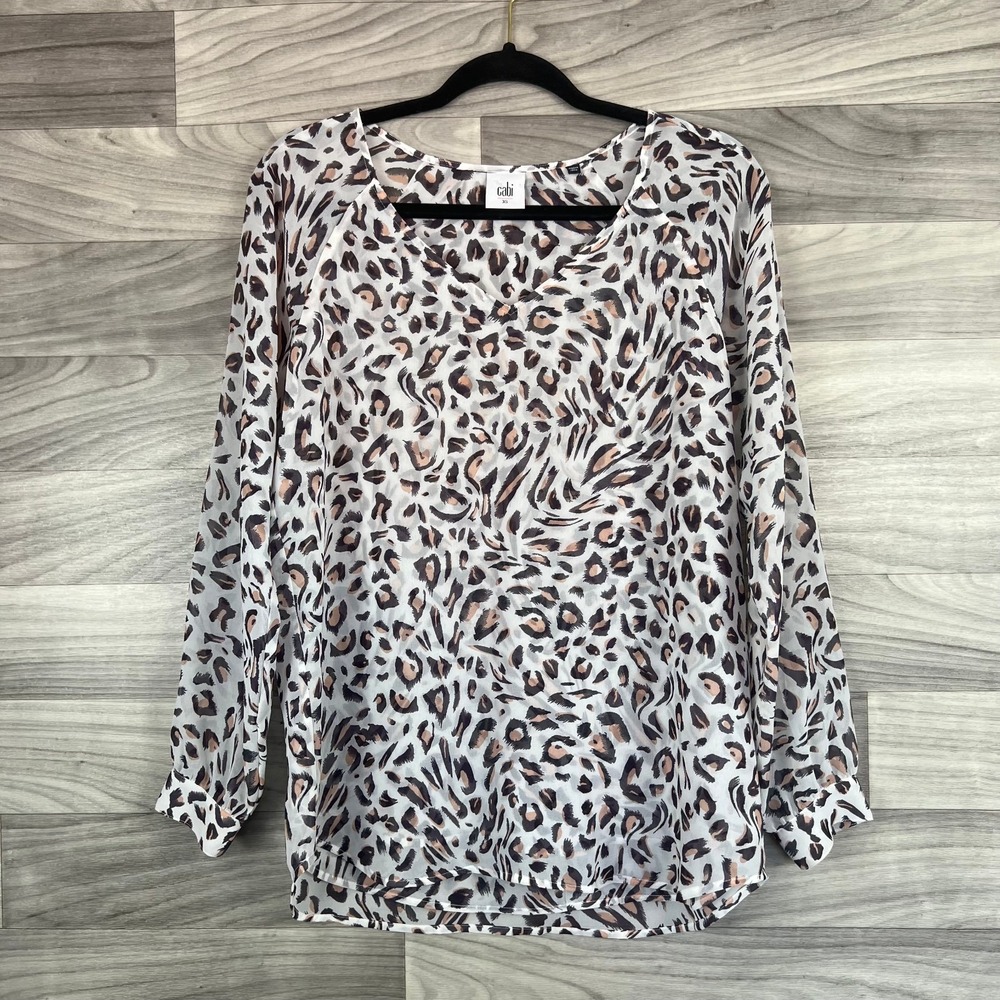 CAbi Blouse Top Women XS White Leopard Print Long Sleeve Chiffon V-Neck Pullover